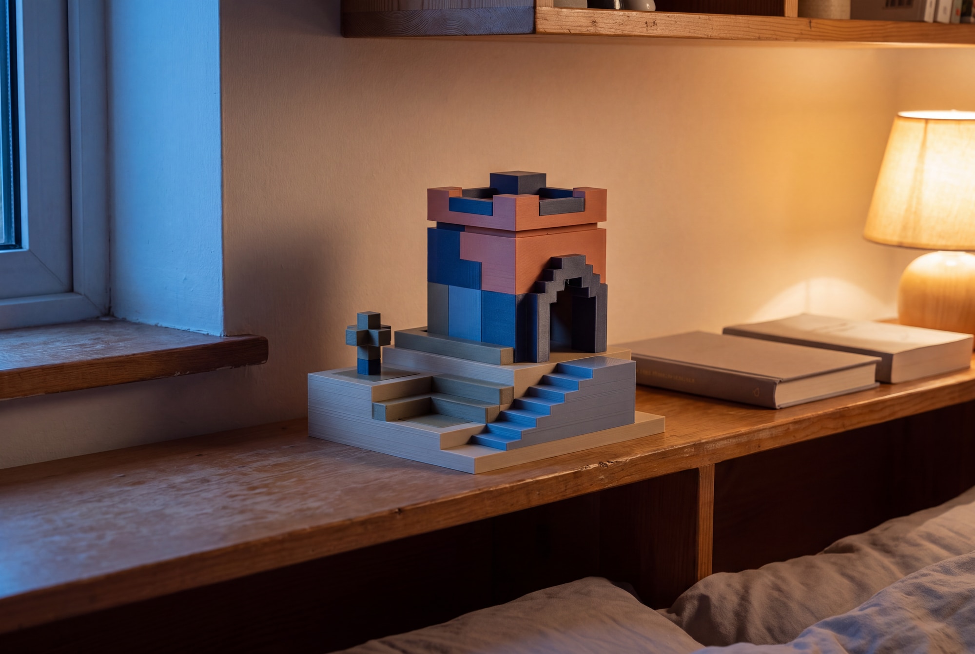 Illustration d’une tour miniature et de son terrain entier, sur une tablette de chambre près d’une lampe et d’un lit à la tombée du jour.